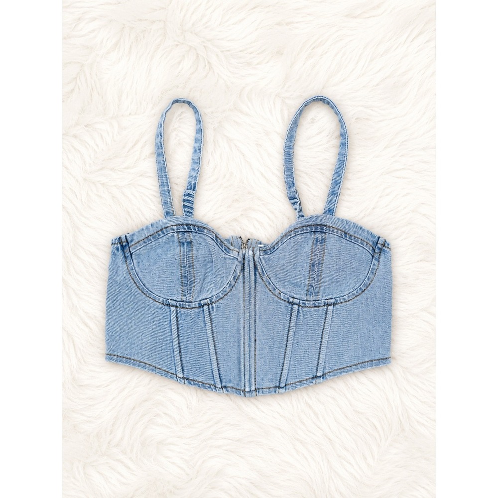 Fashion Nova Light Wash Denim Bustier Corset Crop Top Bralette XS Y2K Coquette